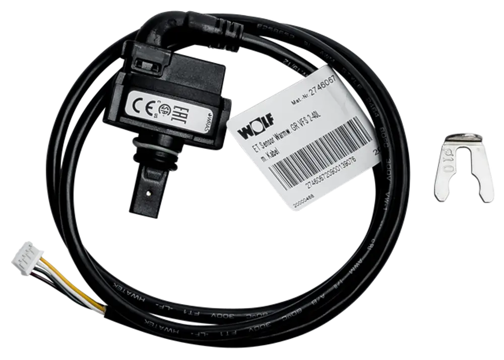 Sensor mit Kabel, hergestellt von Wolf. Enthält einen Stecker und eine Befestigungsklammer. Das Kabel weist mehrere Farbcodierungen auf.